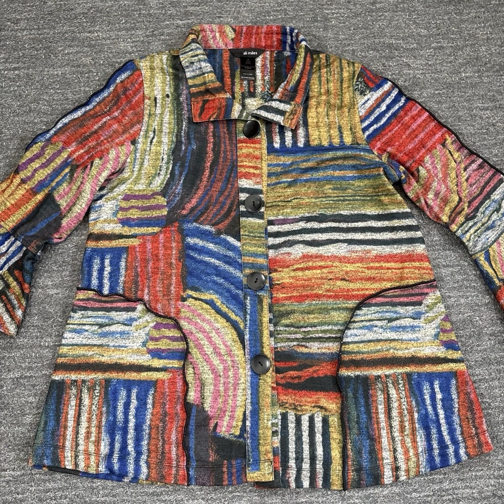 Ali Miles Jacket Women Medium Lagenlook Artsy Abstract Art Top Wired Collar Boho